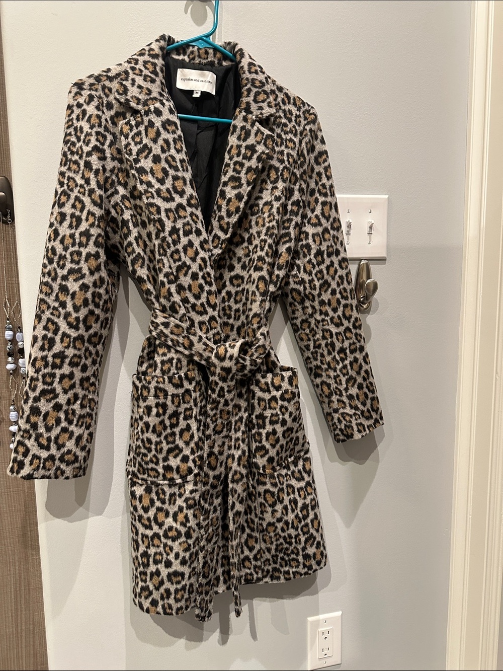 cupcakes & cashmere Leopard Print Belted Trench Coat in Black, Brown, Cream